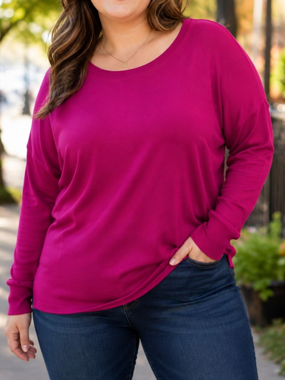 Cyrus Women's Fuchsia Pink Lightweight Scoop Neck Rayon Blend Sweater Casual